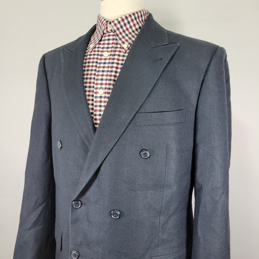 Alan Flusser Men's Double Breast Sport Coat Blazer Peak Navy Silk Wool 44L - Picture 7 of 16